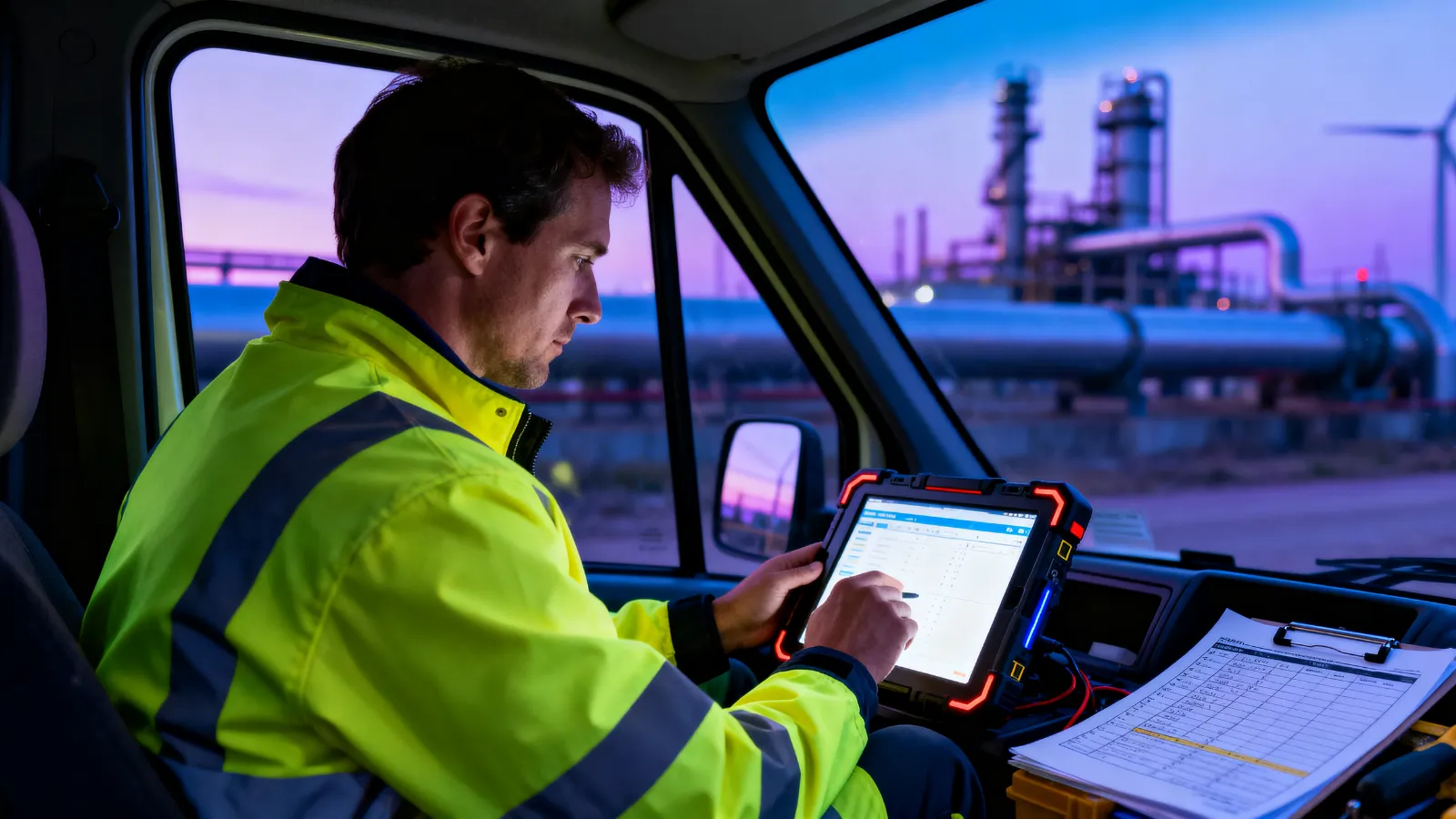 Field technician completing a job on a rugged tablet